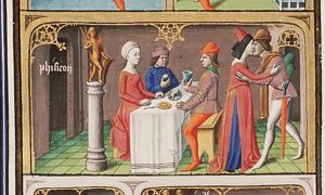 Varro dividing his "theology" into mythical (Mithicon), physical (Phisicon) and civil (Civille): Phisicon (Natural); people eating and embracing