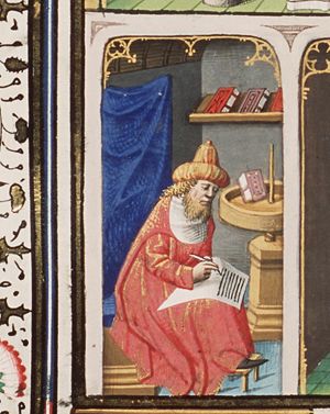 Varro dividing his "theology" into mythical (Mithicon), physical (Phisicon) and civil (Civille): Varro writing