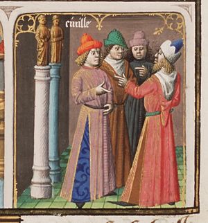 Varro dividing his "theology" into mythical (Mithicon), physical (Phisicon) and civil (Civille): Civille (Civil) with citizens, priests discussing