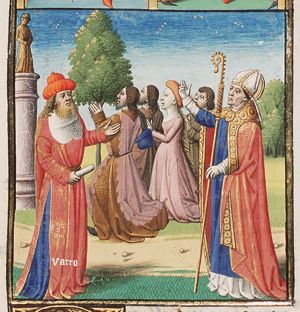 Varro discussing with St. Augustine; men and women worshipping an idol (background) (3rd of 3)