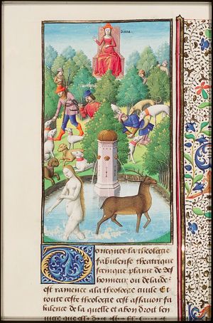 As punishment for seeing her bathing, Diana changes Actaeon, the hunter, into a stag; Actaeon is devoured by his own dogs (background); Diana on a throne (background)
