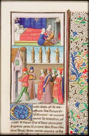 Two nurses, one to give food, the other to give drink to an infant, representing the goddesses Educa and Potina: a symbol of the excessive subdivision of divine characteristics (1st of 2)