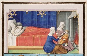 Two nurses, one to give food, the other to give drink to an infant, representing the goddesses Educa and Potina: a symbol of the excessive subdivision of divine characteristics (1st of 2)