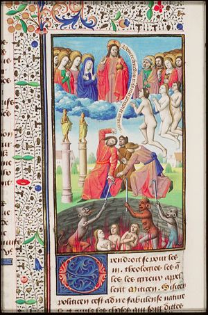 God as the giver of felicity and eternal life: souls ascending to Christ with saints in heaven; devils torturing pagans;