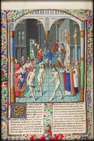 St. Augustine gestures in the direction of three men who are flogging themselves; a group of men dining; men and women dancing