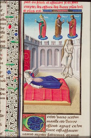 Woman in bed; naked couple embracing; Janus appears first at the moment of conception, after the tasks are divided among deities; Saturn and Juno