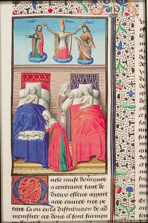 New mothers with new-born children, one still-born child(?); Fortune crowns Vitumnus, the giver of life and Sentinus the giver of sensation