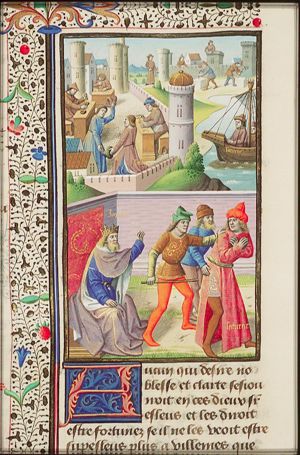 Saturn reaching Italy; Janus receiving Saturn; craftsmen at work (1st of 2)
