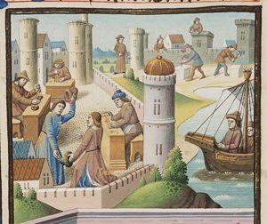 Saturn reaching Italy; Janus receiving Saturn; craftsmen at work (1st of 2)
