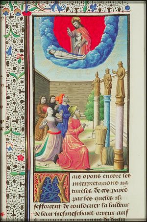 People worshipping the statues of Bacchus, Bonus Eventus and Pomona; God blessing a dead man and carrying his soul
