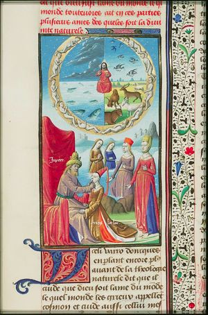 Jupiter deprives Lara of her tongue, Naiads, Juturna(?), Juno(?); the cosmos (world) divided in sky (ether and air) and earth (water and land); souls; God at the beginning of the creation: division of sea and earth; creation of birds; creation of fishes; creation of beasts of the field (background)