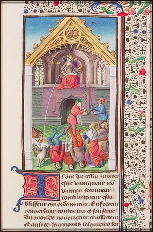 Representation of various guises of Jupiter: 'Ruminus' (giving milk to animals); 'Almus' (giving wine and giving food); 'Supinalis' (overthrowing people)