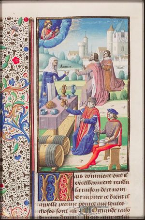 Poverty of the avaricious: the misers sitting before Avarice and a table; the riches of the wise: Christians kneeling before God