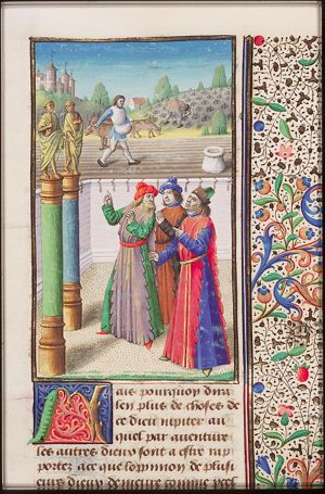 Scholars discussing about Genius, a god who has the power of generation; sower, cattle and setting out plants (background)