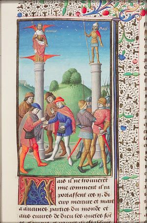 Traders before a statue of Mercury; soldiers before a statue of Mars