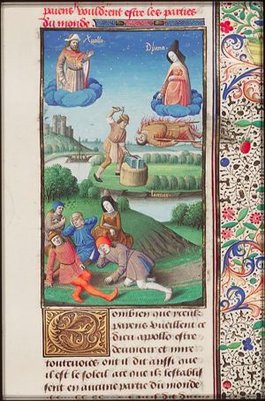 Gods were also made seen as parts of the world: Apollo as the sun, Diana as the moon; Vulcan in his smithy on the island Lemnos ('Lannos') as the fire of the world; four men and a woman (the Earth?)