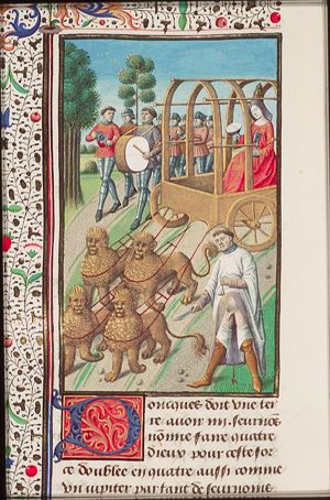 Cybele in a chariot drawn by lions; self-castration of one the Galli, eunuch priests of Cybele
