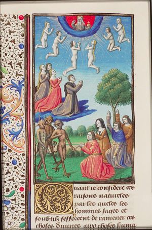 The pagans worshipping devils; Christians and souls adoring God the Father
