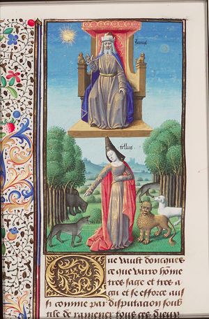 Janus on his throne (the celestial god or sky) and Tellus (terrestrial goddess or earth) between animals