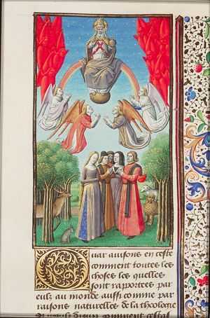 God and his Creation: the sky, the earth and everything that exists in them: men, women, animals, plants and angels