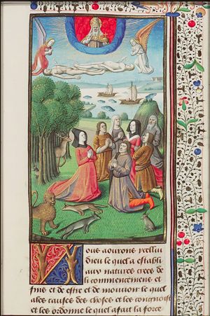 Men and women praying; souls, escaping the body of a man and a woman, are received by angels