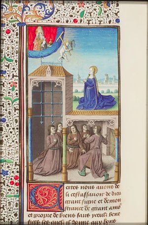 Redemption: God the Father sends the Christ-Child to Mary who is praying outside a chapel; sinners are praying inside the chapel