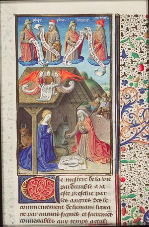 The Nativity: the adoration of the Christ-child by Mary and St. Joseph; angels singing, the prophets Isaiah (twice, once holding a quote from Habakkuk), Jeremiah and Malachi; shepherds