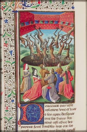 True Religion liberating mankind from the gods: devils falling into hell; Christians praying