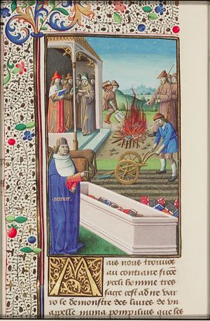 A servant ploughing Terentius' field on the Janiculum finds books and the sarcophagus of Numa Pompilius; Terentius offers the Senate manuscripts; the Senate orders the "praetor" to burn the books