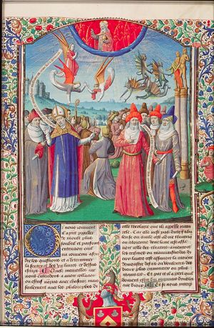 St. Augustine and Apuleius with theologians and philosophers discussing; Christians adoring God the Father in heaven and the Romans worshipping idols