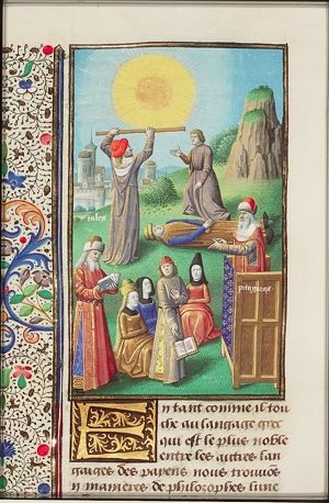 Pythagoras reading and teaching; Thales, measuring the sun, calculated with accuracy the solar eclipse
