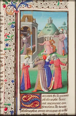 Death of Socrates in prison after drinking the cup of poison; grieving disciples; the two accusers before the magistrate