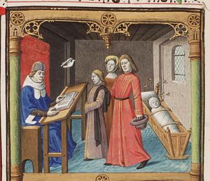 Plato with his family before Socrates; a swarm of bees circling around the infant Plato lying in his cradle (1st of 2)
