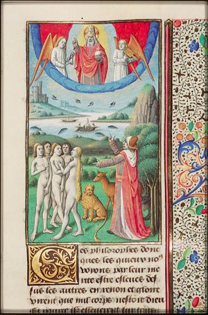 A Platonist explaining the creation of the world and all creatures (men, animals, plants, angels...) by an immutable being (God); God the Father with angels