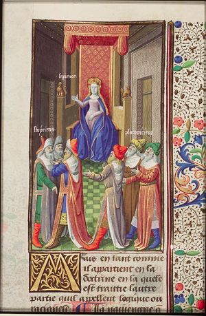 Stoics and platonists debating before an image of Wisdom