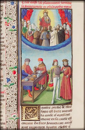 Like the saints, philosophers may attain happiness loving God; men counting money (enjoyment of the body) and men discussing "ethics" (enjoyment of mind)