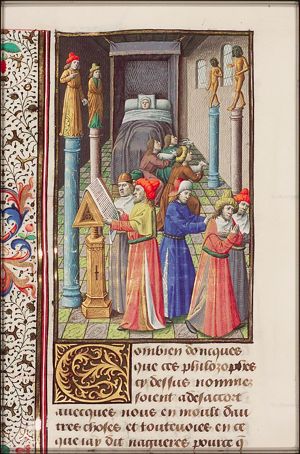 Illustration of Plato's idea that only those that are good can be gods; poets having written fictions dishonourable to the goodness of gods have to be banished (poets reading and being banished); good and bad gods: Titus Latinius, a Roman peasant, lost his son and fell seriously ill as punishment for failing to inform the senate to restart the games ('Ludi Magni' in honour of Jupiter) as commanded in a dream (Titus Latinius or his son lying in bed; sacrifice of animals in honour of the gods)