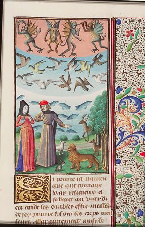 Plato's four elements arranged in a symmetrical order: air (with birds) and water (with fishes) between the two extremes; these are: the motionless earth with human beings, plants and terrestrial animals, and the most mobile element: fire with devils