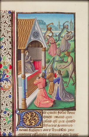 Men kneeling before Christ; devils mocking and torturing men (background)