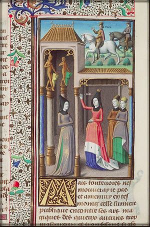 Dido explains to her sister Anna the way she has found either to make Aeneas stay with her, or to free herself from loving him; Aeneas leaves Carthage on a horse (background)
