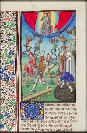 Men at work; God as Salvator Mundi; devils between men and God (background)