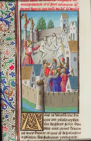 Plato chasing a group of naked dancers out of the city