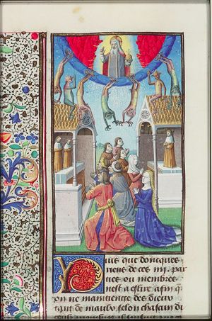 Men and women praying; God the Father in heaven and devils as mediator between men and God (background)