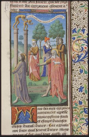 Isaiah and St. John the Baptist point to Christ for whom the idols fall down; Hermes Trismegistos answers Asclepius' question about statues