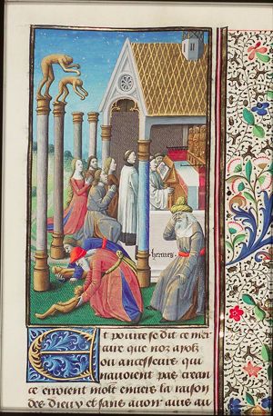 Hermes Trismegistos lamenting the destruction of Egyptian religion: weeping over the falling idols; men and women worshiping the true God