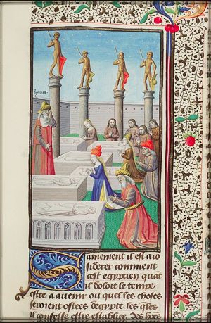 Hermes Trismegistos lamenting the end of Egyptian religion; people kneeling at the tombs of dead people whom they are worshipping as if they were gods
