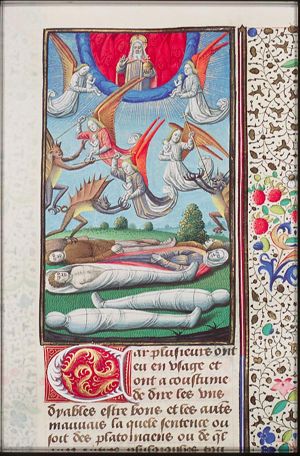 Angels and devils fighting over souls that are represented as small human beings; the souls are carried to heaven by angels and welcomed by God the Father