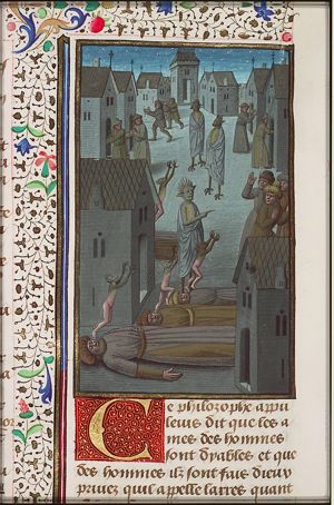 According to Apuleius the souls are demons and on leaving the bodies become Lares (after a good life), Lemures or Larvae (after a bad life) and Manes (if it is uncertain whether the life was good or bad); men fleeing from the souls-demons