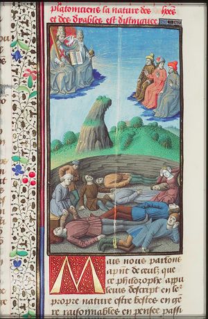 The two extremes of the nature: the highest occupied by the Trinity (God the Father and Christ enthroned and Holy Spirit as dove) representing eternal bliss and the lowest by mankind (men sick and dying, and women despairing) representing misery and mortality; scholars