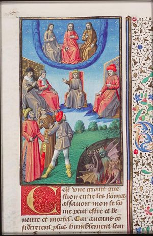 The Trinity, groups of men, and devils in hell: wise men, half way between men and God, try with their wisdom to enable miserable mortals to attain bliss after death